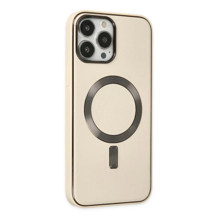 BFS  iPhone 13 Pro Kılıf Coco Deri Magneticsafe Silikon - Krem