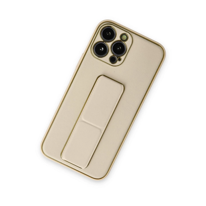 BFS  iPhone 13 Pro Kılıf Coco Deri Standlı Kapak - Gold