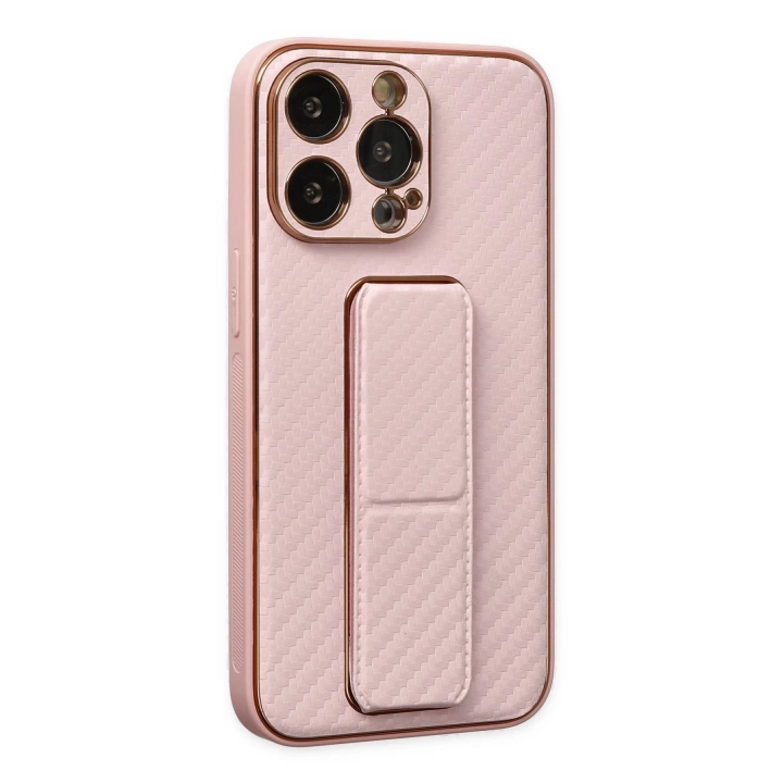 BFS  iPhone 13 Pro Kılıf Coco Karbon Standlı Kapak - Pembe