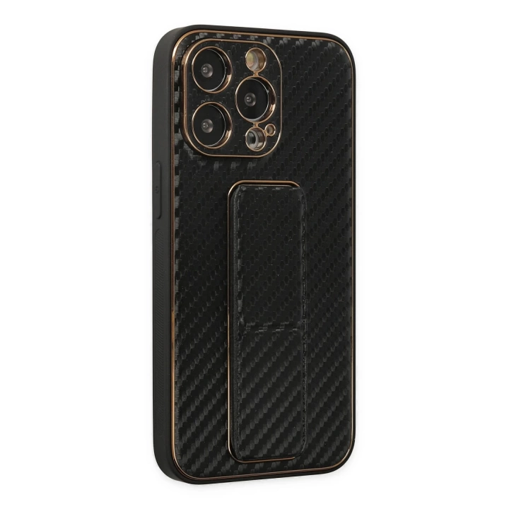 BFS  iPhone 13 Pro Max Kılıf Coco Karbon Standlı Kapak - Siyah