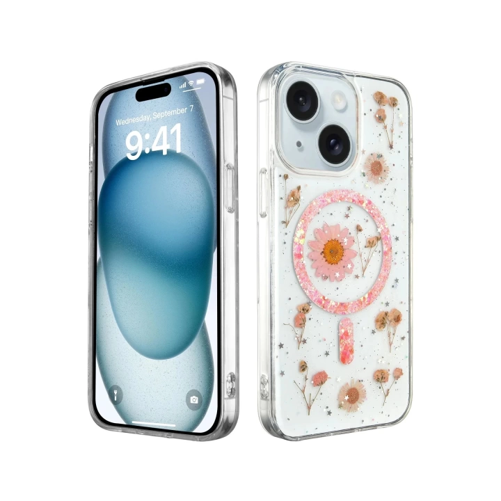 BFS  iPhone 14 Kılıf Daisy Simli Magsafe Kapak - Pembe