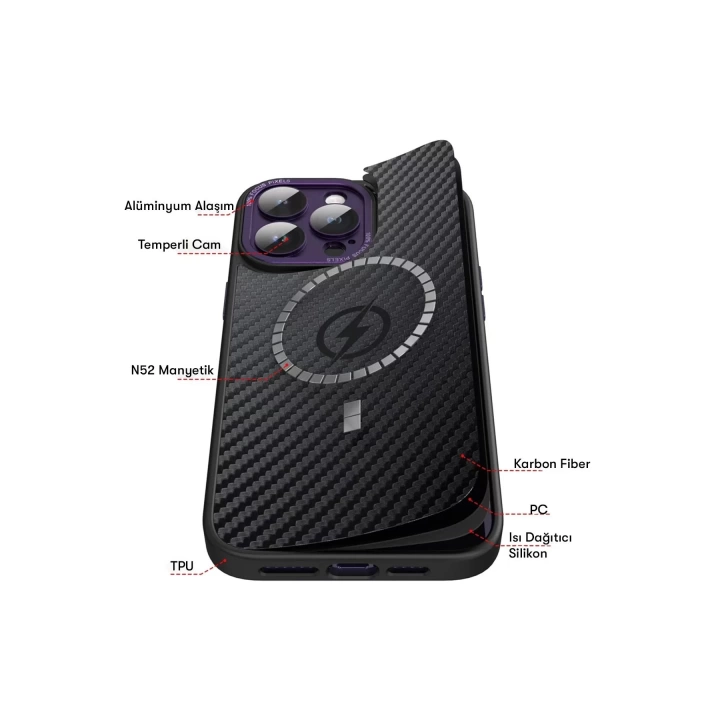 BFS iPhone 14 Pro Kılıf Harbon Magneticsafe Karbon Kapak - Derin Mor