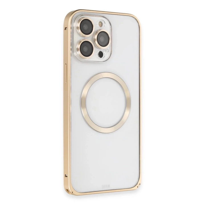 BFS  iPhone 14 Pro Kılıf Metal Bumper Magneticsafe Kapak - Gold
