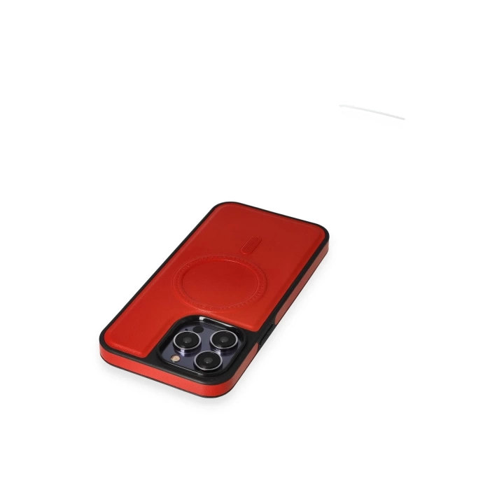 BFS  iPhone 14 Pro Kılıf Ozzi Magsafe Deri Kapak - Kırmızı