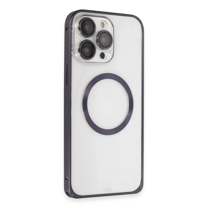 BFS  iPhone 14 Pro Max Kılıf Metal Bumper Magneticsafe Kapak - Derin Mor