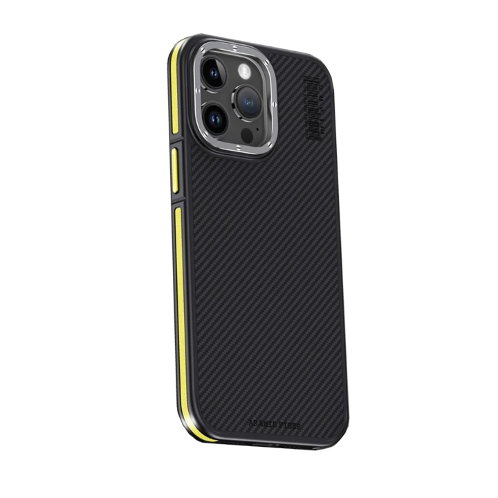 BFS  iPhone 15 Pro Kılıf Aramid 600D Kevlar Karbon Fiber Magsafe Kapak - Sarı