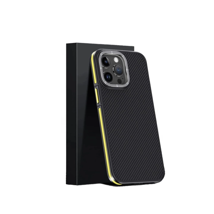 BFS  iPhone 15 Pro Kılıf Aramid 600D Kevlar Karbon Fiber Magsafe Kapak - Sarı