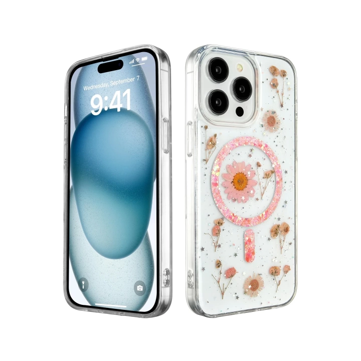 BFS  iPhone 15 Pro Kılıf Daisy Simli Magsafe Kapak - Pembe