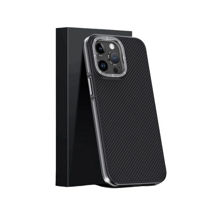 BFS  iPhone 15 Pro Max Kılıf Aramid 600D Kevlar Karbon Fiber Magsafe Kapak - Gri