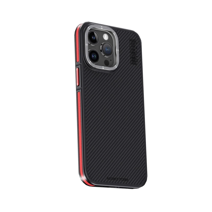 BFS  iPhone 15 Pro Max Kılıf Aramid 600D Kevlar Karbon Fiber Magsafe Kapak - Kırmızı