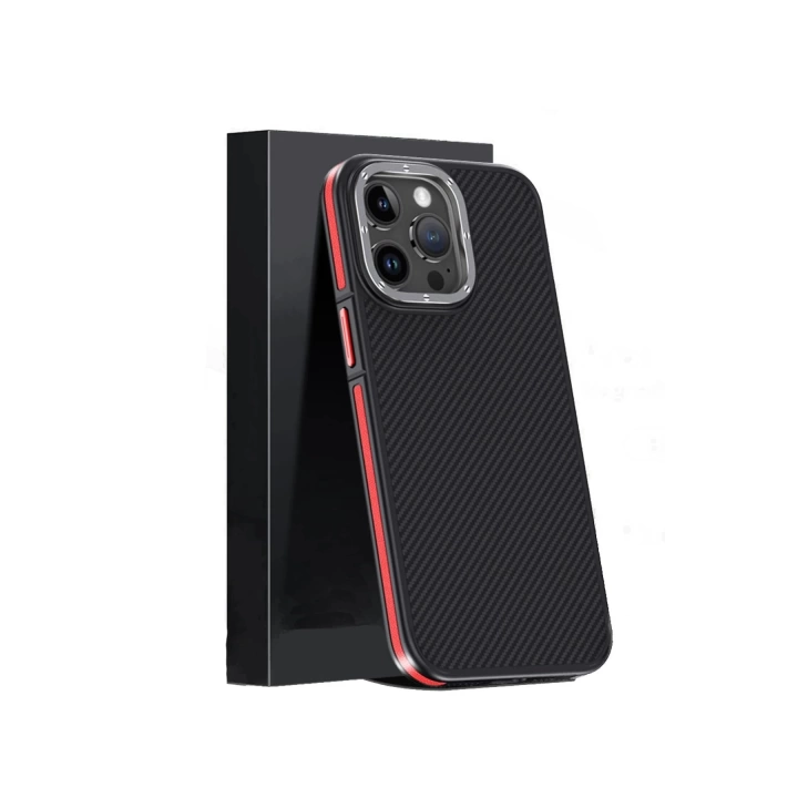 BFS  iPhone 15 Pro Max Kılıf Aramid 600D Kevlar Karbon Fiber Magsafe Kapak - Kırmızı