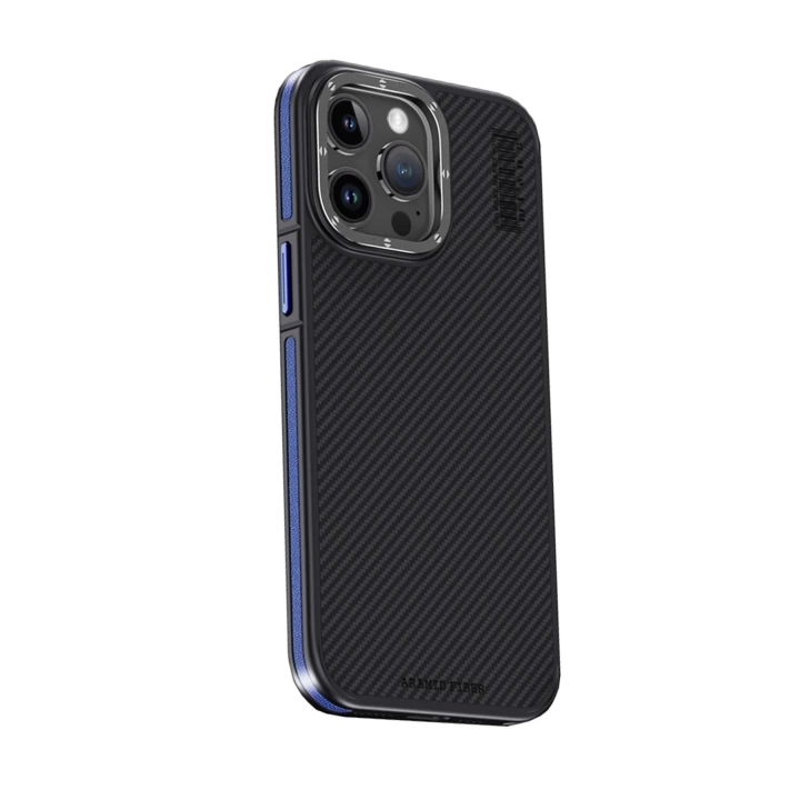 BFS  iPhone 15 Pro Max Kılıf Aramid 600D Kevlar Karbon Fiber Magsafe Kapak - Lacivert