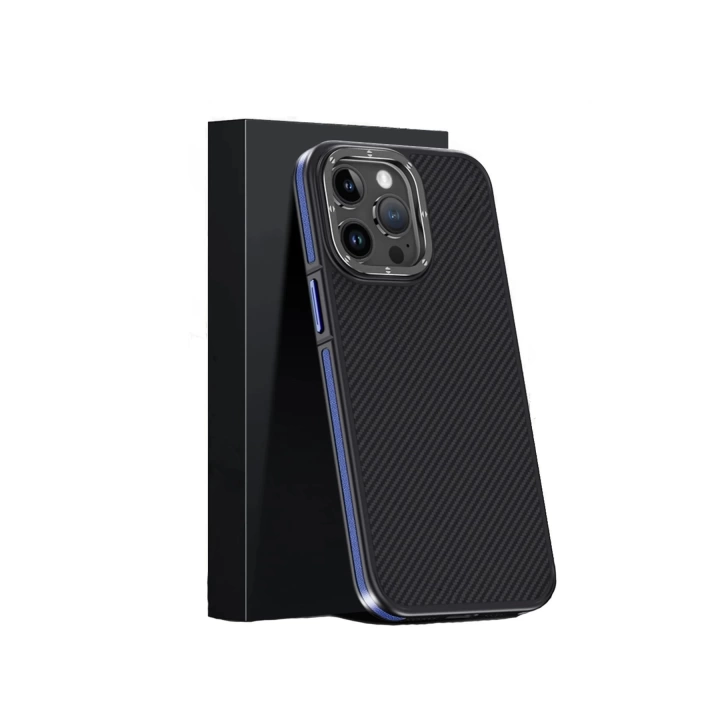 BFS  iPhone 15 Pro Max Kılıf Aramid 600D Kevlar Karbon Fiber Magsafe Kapak - Lacivert