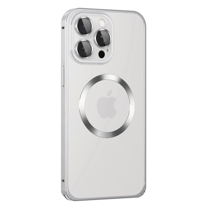 BFS  iPhone 15 Pro Max Kılıf Metal Bumper Magneticsafe Kapak - Gümüş