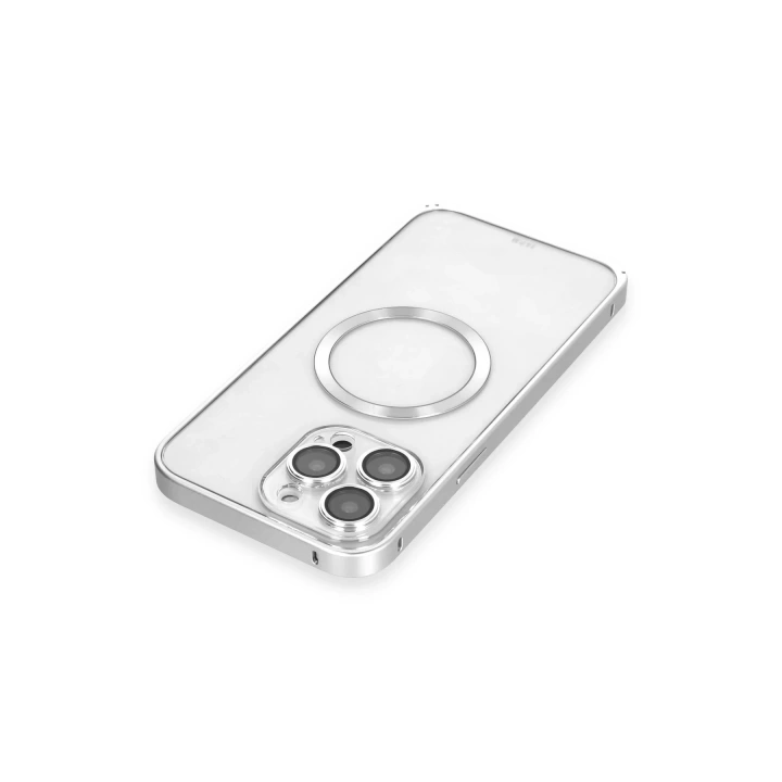 BFS  iPhone 15 Pro Max Kılıf Metal Bumper Magneticsafe Kapak - Gümüş