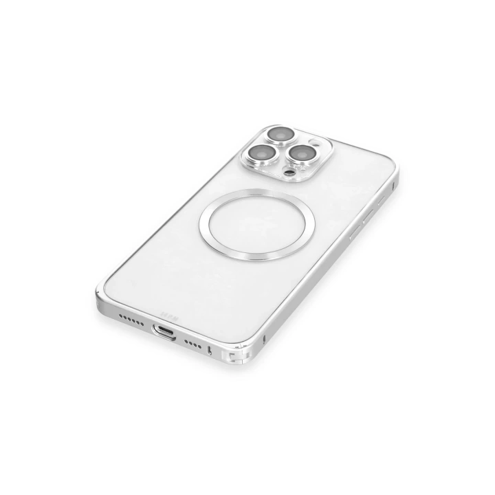 BFS  iPhone 15 Pro Max Kılıf Metal Bumper Magneticsafe Kapak - Gümüş