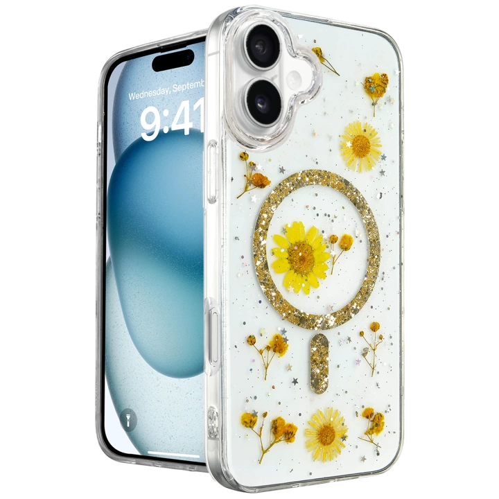 BFS  iPhone 16 Kılıf Daisy Simli Magsafe Kapak - Gold