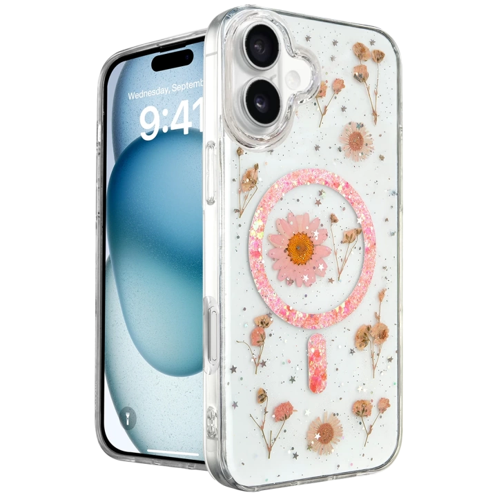 BFS  iPhone 16 Kılıf Daisy Simli Magsafe Kapak - Pembe
