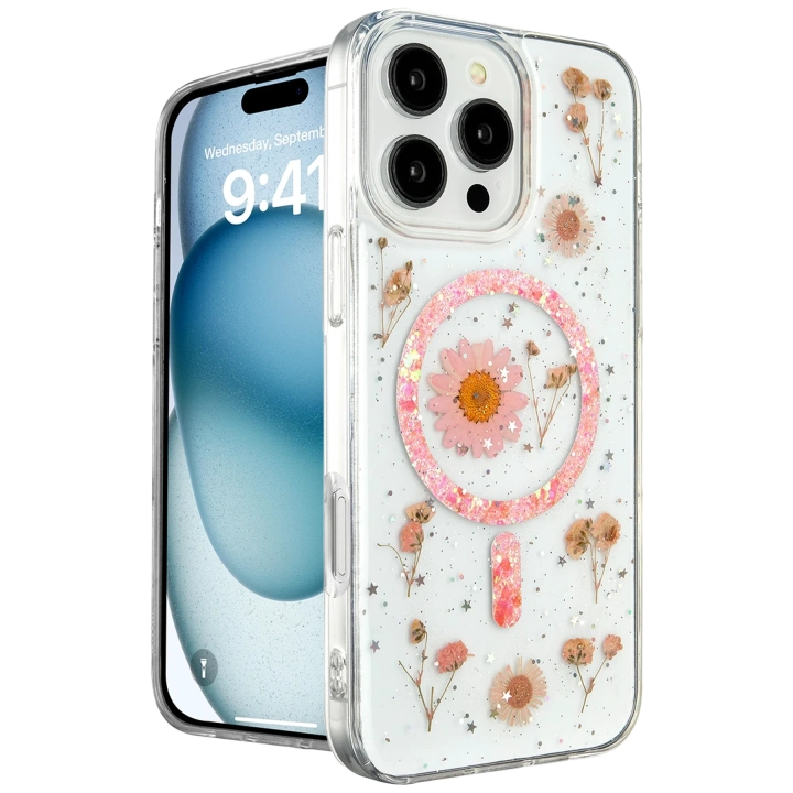 BFS  iPhone 16 Pro Kılıf Daisy Simli Magsafe Kapak - Pembe