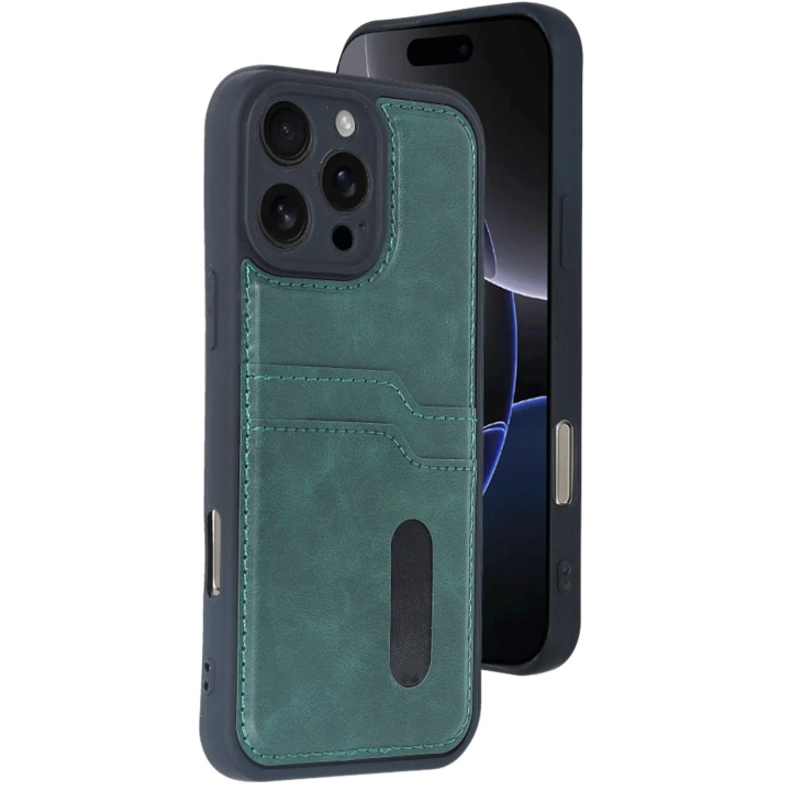 BFS  iPhone 16 Pro Kılıf Sara Kartvizitli Deri Kılıf - Koyu Yeşil