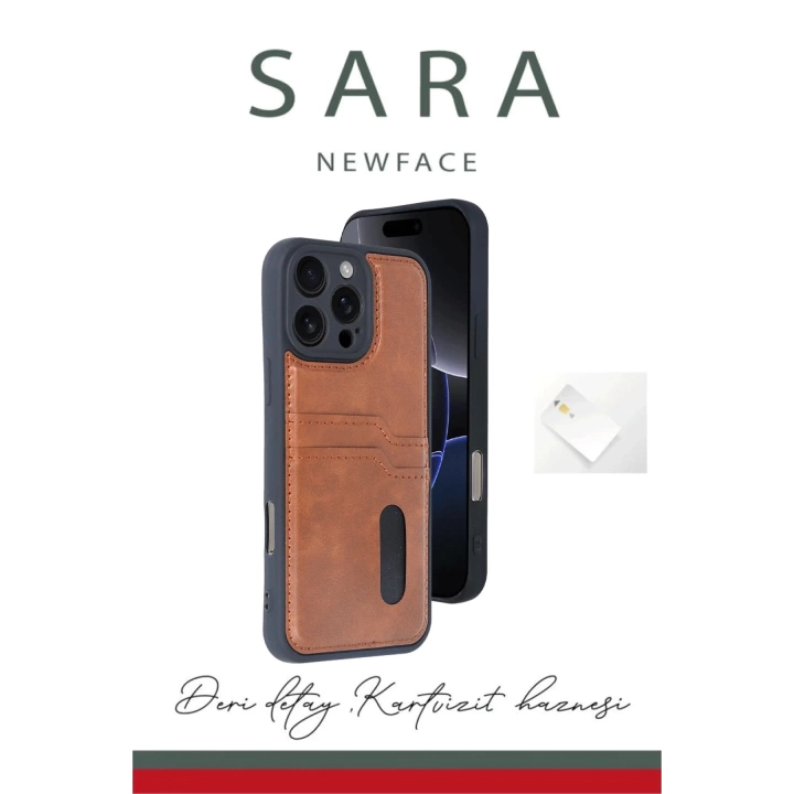 BFS  iPhone 16 Pro Kılıf Sara Kartvizitli Deri Kılıf - Taba