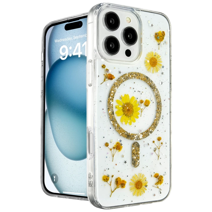 BFS  iPhone 16 Pro Max Kılıf Daisy Simli Magsafe Kapak - Gold