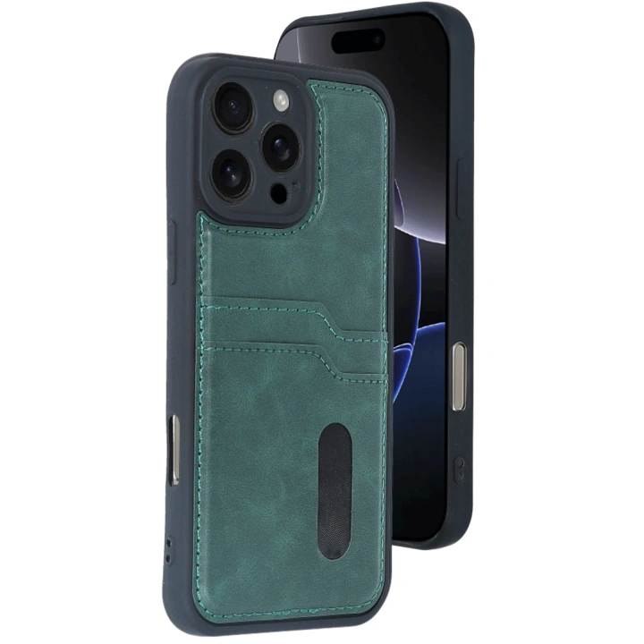 BFS  iPhone 16 Pro Max Kılıf Sara Kartvizitli Deri Kılıf - Koyu Yeşil