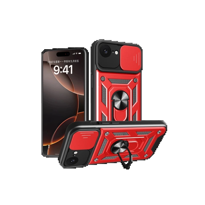 BFS  iPhone 16E Kılıf Pars Lens Yüzüklü Silikon - Kırmızı