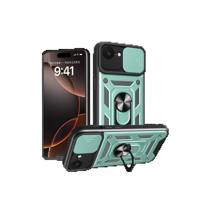 BFS  iPhone 16E Kılıf Pars Lens Yüzüklü Silikon - Yeşil