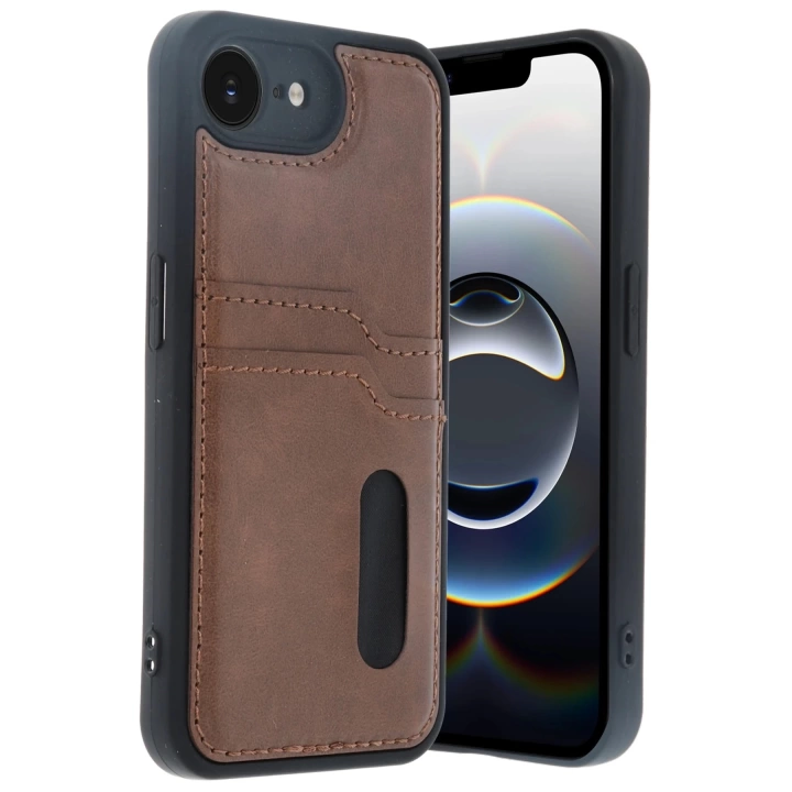 BFS  iPhone 16E Kılıf Sara Kartvizitli Deri Kılıf - Taba