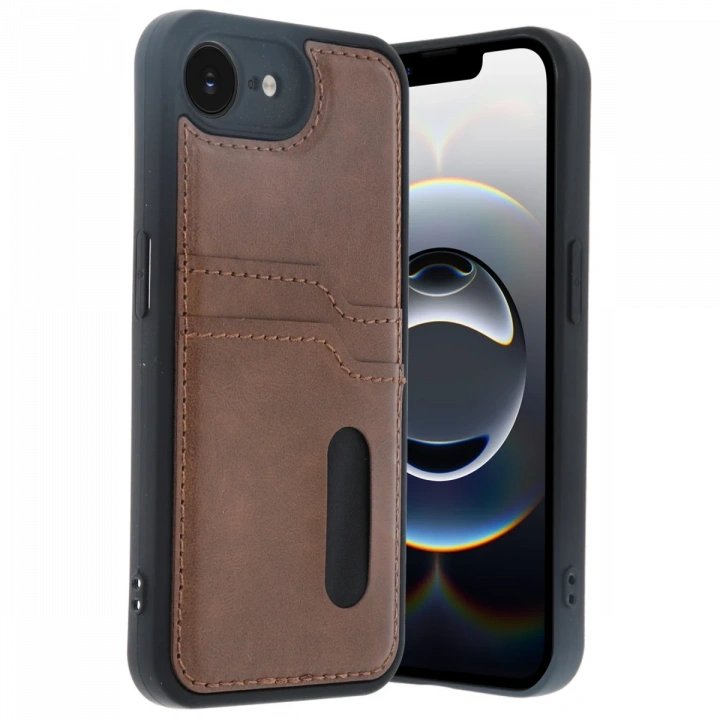 BFS  iPhone 16E Kılıf Sara Kartvizitli Deri Kılıf - Taba