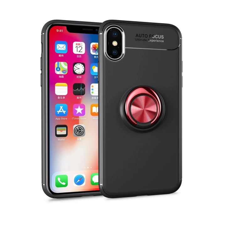 BFS  iPhone XS Kılıf Range Yüzüklü Silikon - Siyah-Kırmızı