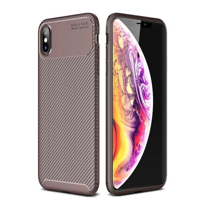 BFS  iPhone XS Max Kılıf Auto Focus Karbon Kapak - Kahverengi
