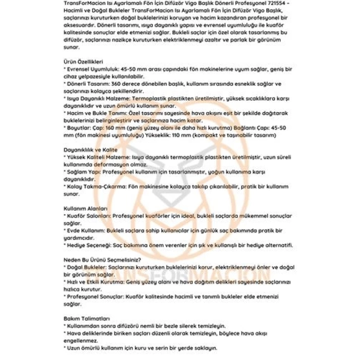 BFS Isı Ayarlamalı Fön Için Difüzör Vigo Başlık Dönerli Profesyonel