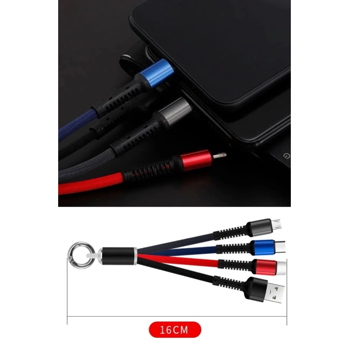 BFS  Işıklı Anahtarlık Model 3 in 1 USB Çıkışlı MİKRO,TYPE-C ve İphone Uyumlu Şarj Kablosu