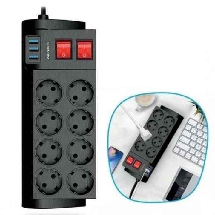BFS  Isıya Dayanıklı Termal Akım Korumalı 2 Metre 16A 4000W 8li Priz ve 3 Usb Li Uzatma Kablosu