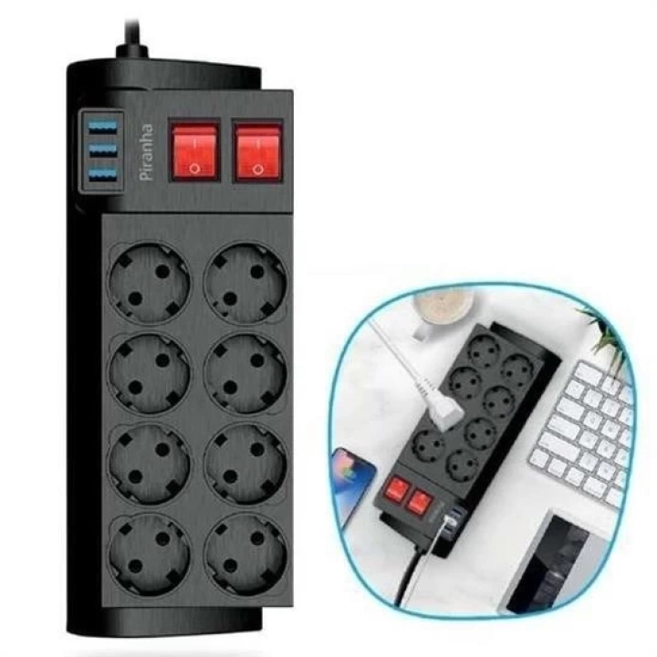 BFS  Isıya Dayanıklı Termal Akım Korumalı 2 Metre 16A 4000W 8li Priz ve 3 Usb Li Uzatma Kablosu
