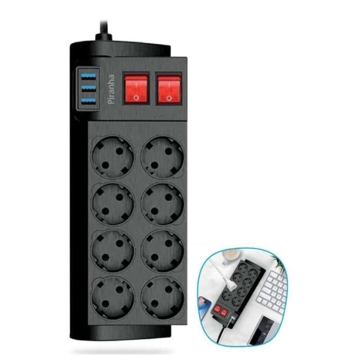 BFS  Isıya Dayanıklı Termal Akım Korumalı 2 Metre 16A 4000W 8li Priz ve 3 Usb Li Uzatma Kablosu