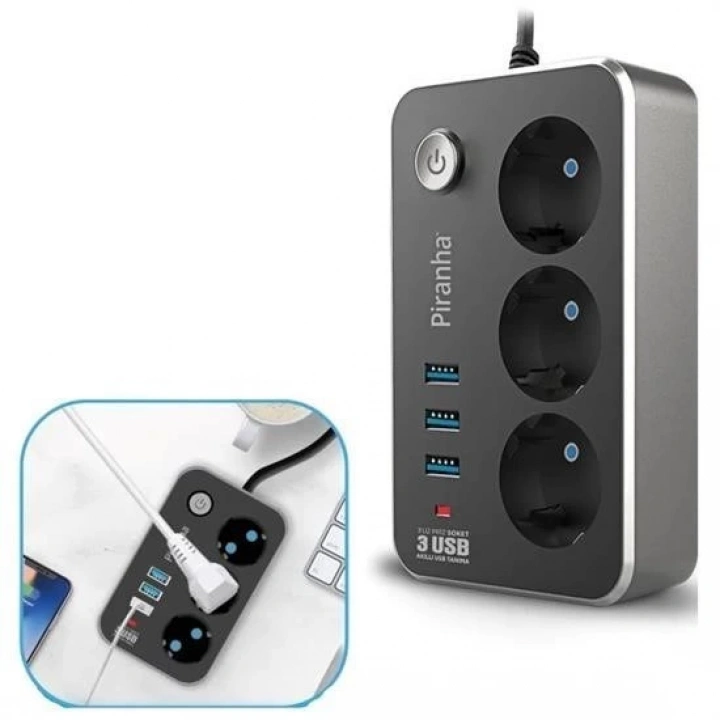 BFS  Isıya Dayanıklı Termal Akım Korumalı 2 Mt 10A 2500W 3lü Priz ve 3 Usbi 21A Uzatma Kablosu
