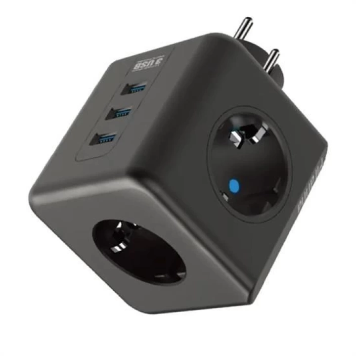 BFS  Isıya Dayanıklı Termal Akım Korumalı ve Çocuk Korumalı 3 Priz Girişli 3 USB Girişli Küp Priz