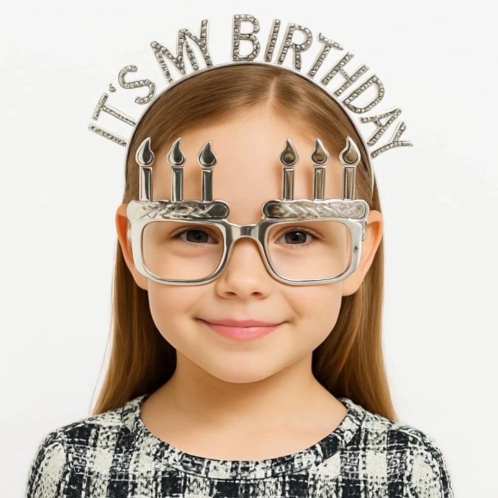 BFS   İt&amp;#39;sMyBirthdayYazılıTaçveMumŞekilliGözlükSetiGümüşRenk