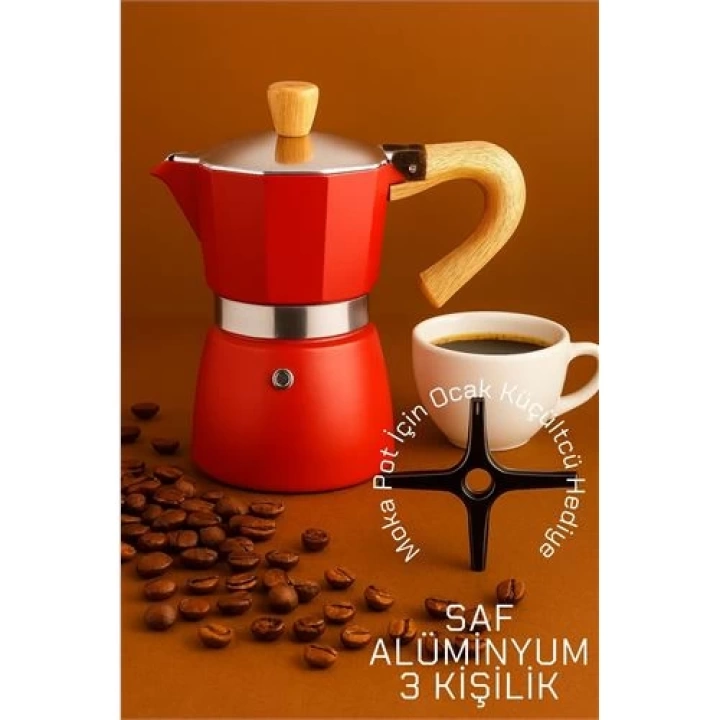 BFS  Italyan Moka Pot - 6061 Saf Alüminyum  Ahşap Saplı - 3 kişilik KIRMIZI