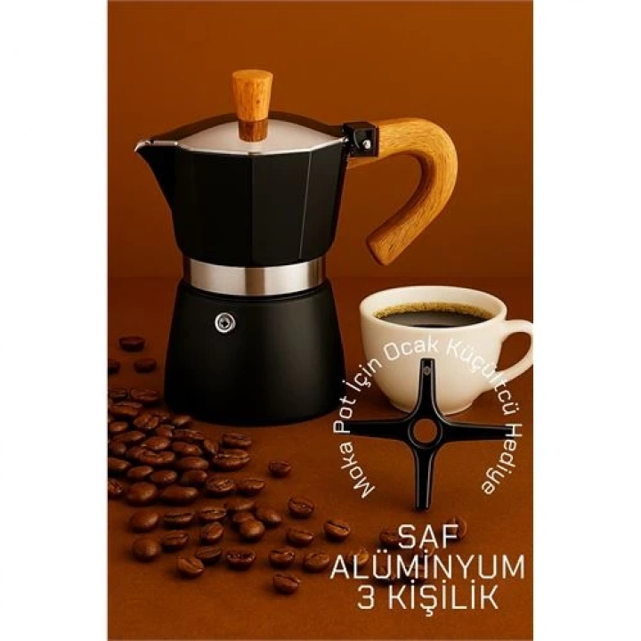 BFS  Italyan Moka Pot - 6061 Saf Alüminyum  Ahşap Saplı - 3 kişilik SİYAH