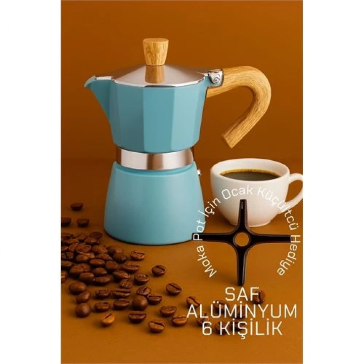 BFS  Italyan Moka Pot - 6061 Saf Alüminyum  Ahşap Saplı - 6 kişilik MAVİ