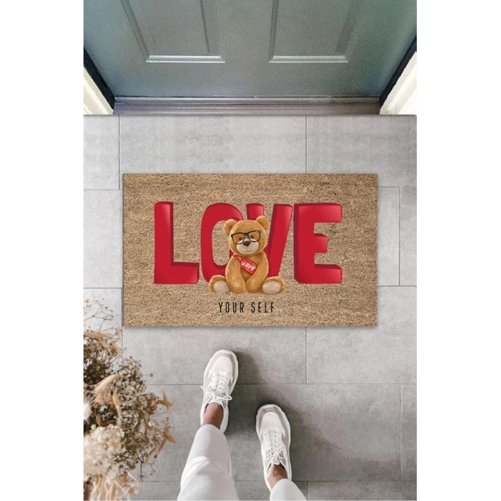 BFS Kahverengi Kapı Önü Paspası Love Ayıcık Desen  K-3252