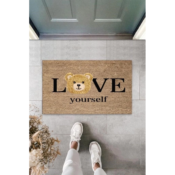 BFS Kahverengi Kapı Önü Paspası Love Yourself Ayıcık Desen  K-3329