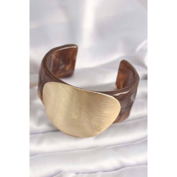 BFS Kahverengi Mermer Desen Akrilik Plastik Gold Daire Plaka Model Vintage Kadın Bilezik