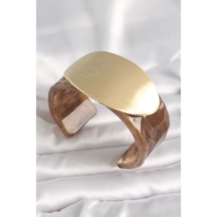 BFS Kahverengi Mermer Desen Akrilik Plastik Gold Oval Plaka Model Vintage Kadın Bilezik