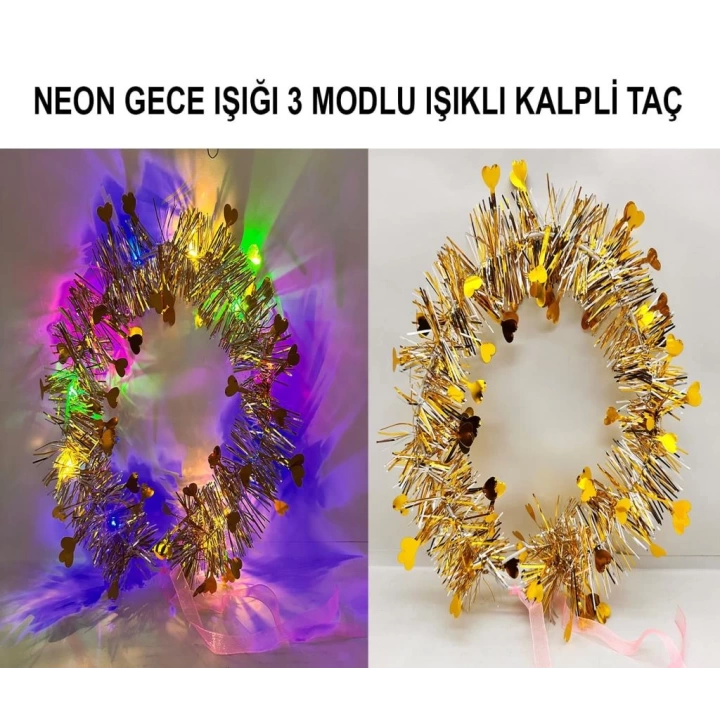 BFS   Kalp Püsküllü Gece Parıltısı 3 Modlu LED&amp;#39;li Işıklı Taç Altın Renk