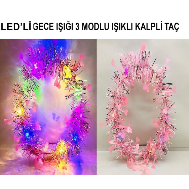 BFS   Kalp Püsküllü Gece Parıltısı 3 Modlu LED&amp;#39;li Işıklı Taç Pembe Renk